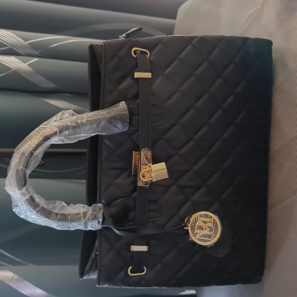 Badgley Mischka Black Quilted Satchel with Gold Accents